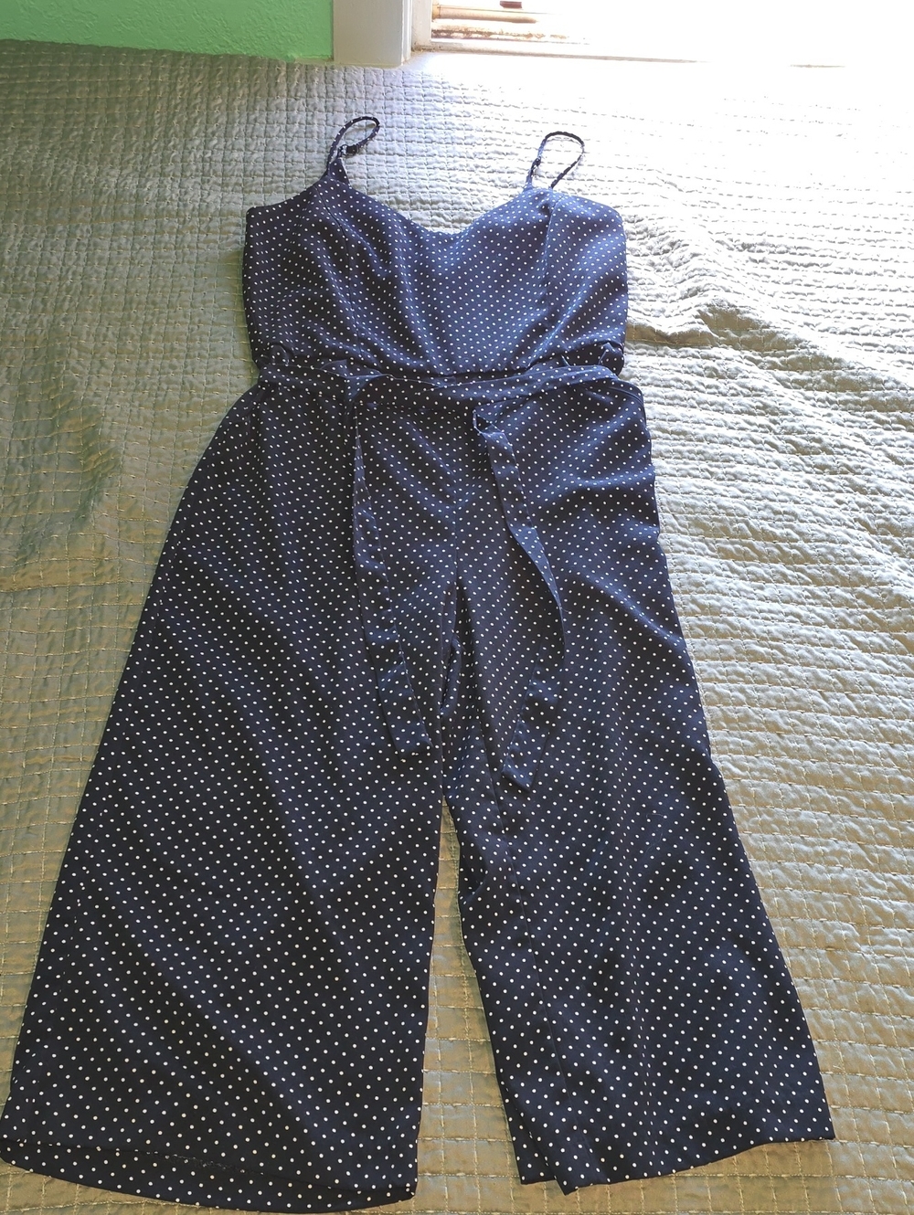 Sleeveless Navy Polka Dot Jumpsuit with Tie Waist